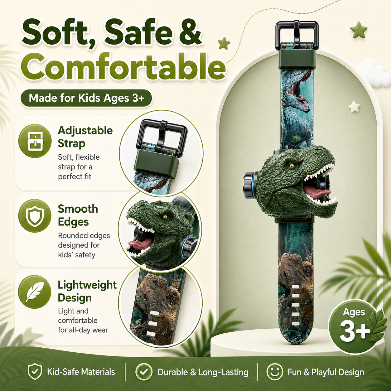 𝐁i𝐥𝐥𝐡𝐨𝐥® 3D Dinosaur Projection Watch🦃⚷Realistic T-Rex Design, Safe Soft Strap for Kids Ages 3+