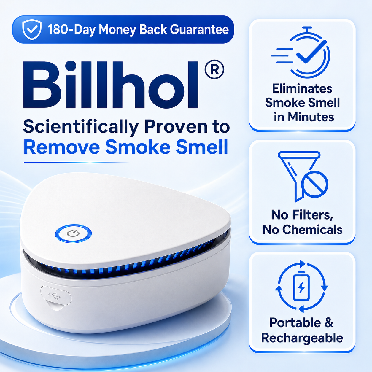 Billhol®  Portable O₃ Odor Removal Machiner | Smoke, Pet, Kitchen & Car Odor Treatment