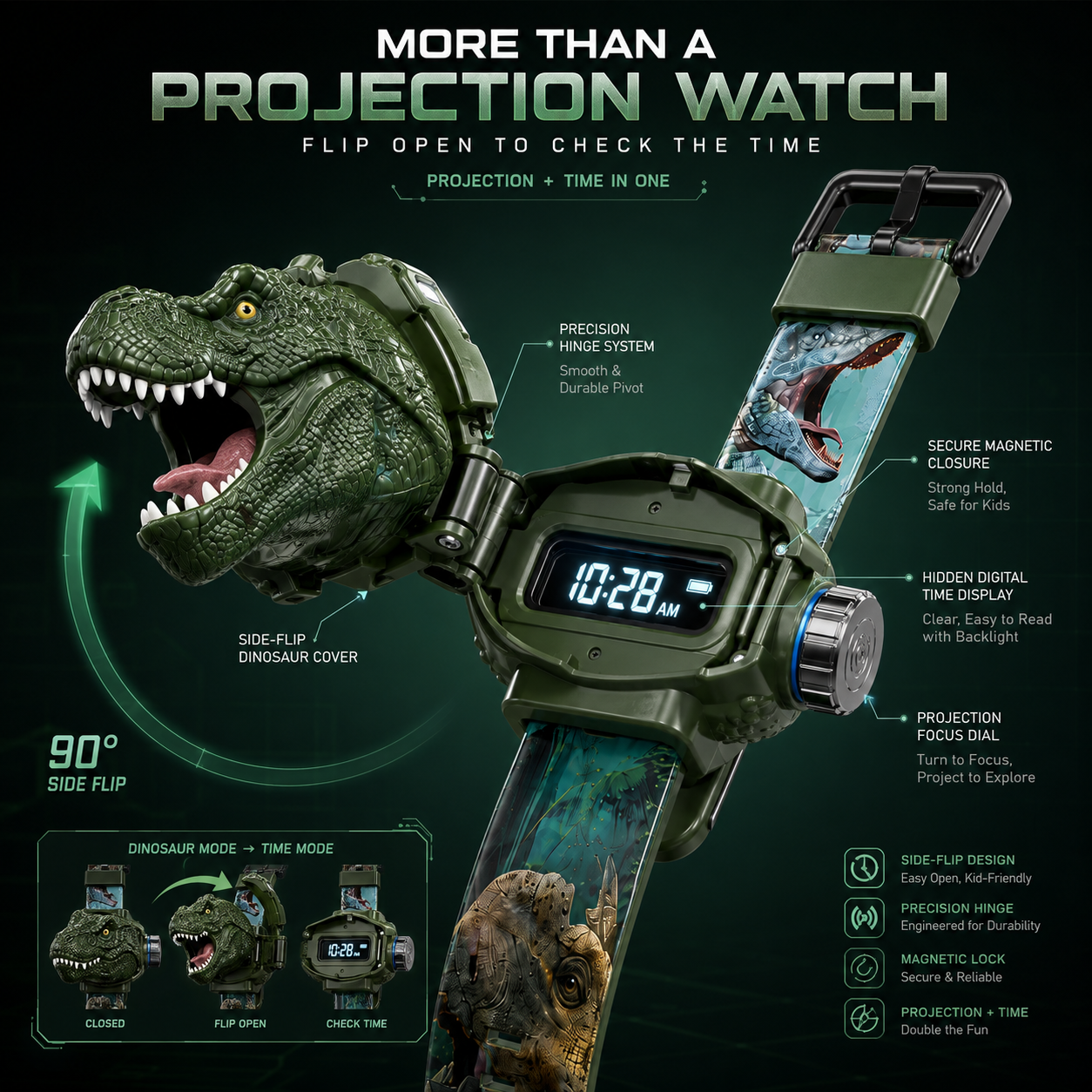 𝐁i𝐥𝐥𝐡𝐨𝐥® 3D Dinosaur Projection Watch🦃⚷Realistic T-Rex Design, Safe Soft Strap for Kids Ages 3+