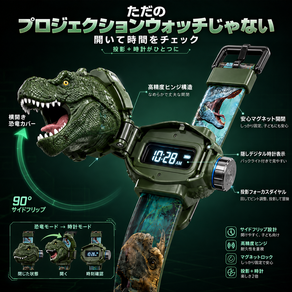 𝐁i𝐥𝐥𝐡𝐨𝐥® 3D恐竜プロジェクターウォッチ 🧨⚷ リアルなT-Rexデザイン・3歳以上のお子さま向けやわらか安心ストラップ