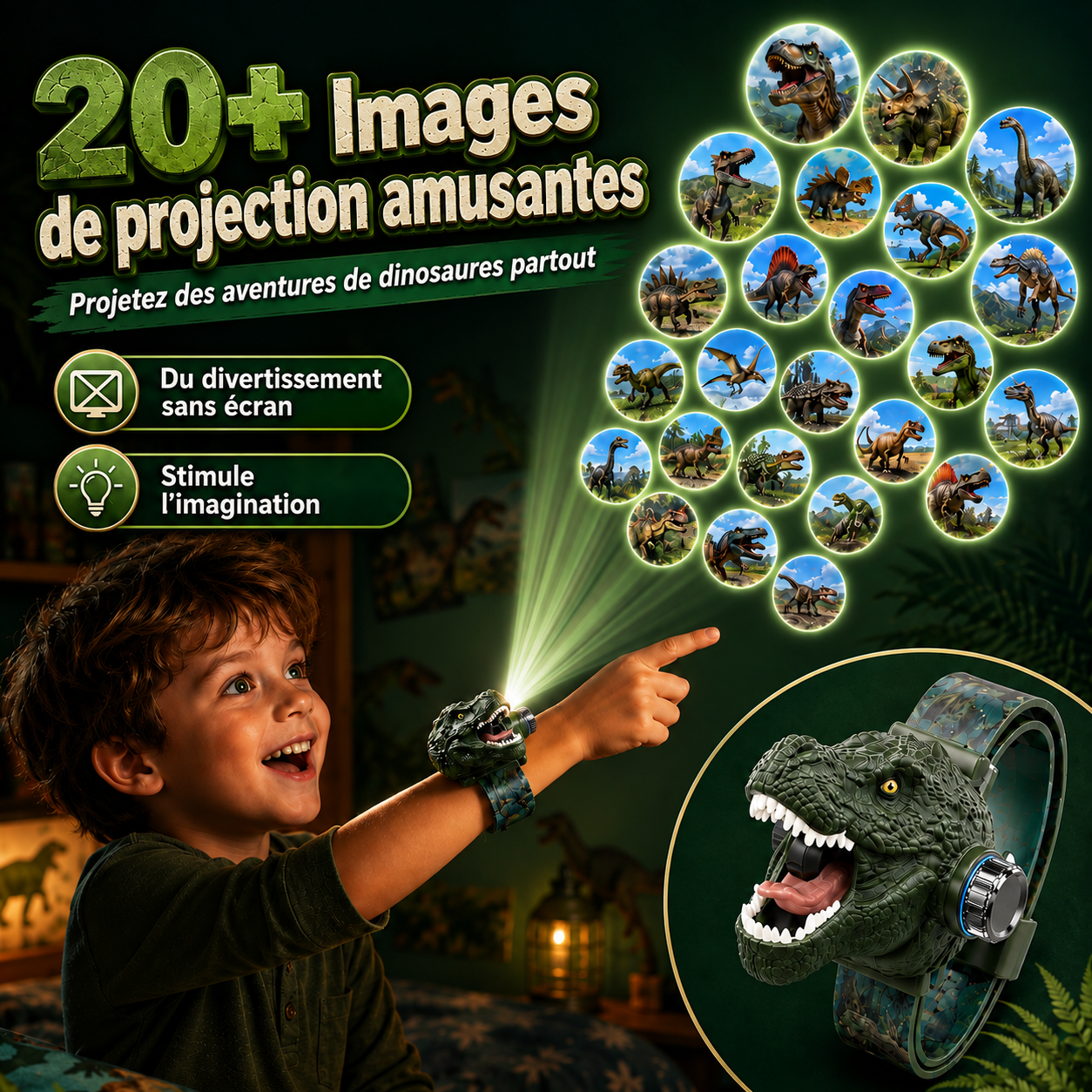 𝐁i𝐥𝐥𝐡𝐨𝐥® Montre à Projection Dinosaure 3D 🦖⚷ Design T-Rex Réaliste, Bracelet Souple et Sûr pour Enfants dès 3 Ans