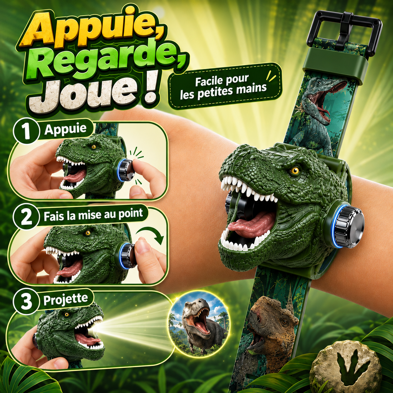 𝐁i𝐥𝐥𝐡𝐨𝐥® Montre à Projection Dinosaure 3D 🦖⚷ Design T-Rex Réaliste, Bracelet Souple et Sûr pour Enfants dès 3 Ans