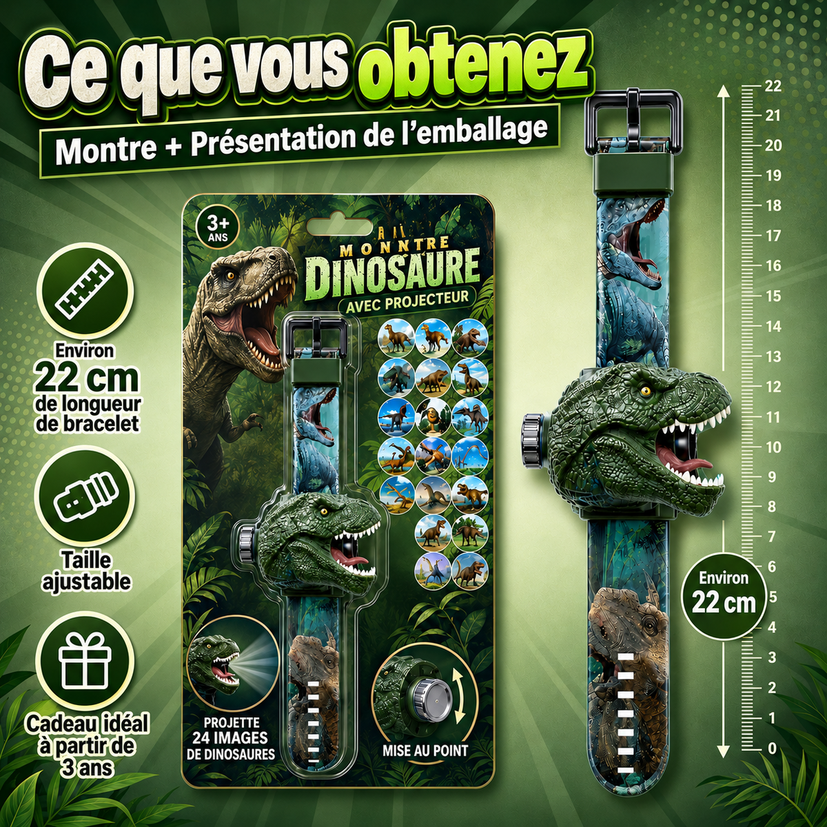 𝐁i𝐥𝐥𝐡𝐨𝐥® Montre à Projection Dinosaure 3D 🦖⚷ Design T-Rex Réaliste, Bracelet Souple et Sûr pour Enfants dès 3 Ans