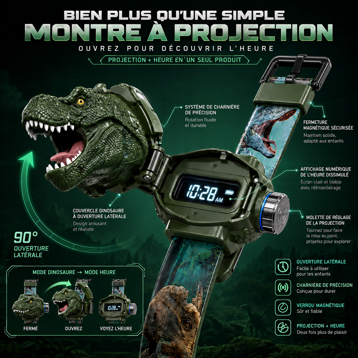 𝐁i𝐥𝐥𝐡𝐨𝐥® Montre à Projection Dinosaure 3D 🦖⚷ Design T-Rex Réaliste, Bracelet Souple et Sûr pour Enfants dès 3 Ans
