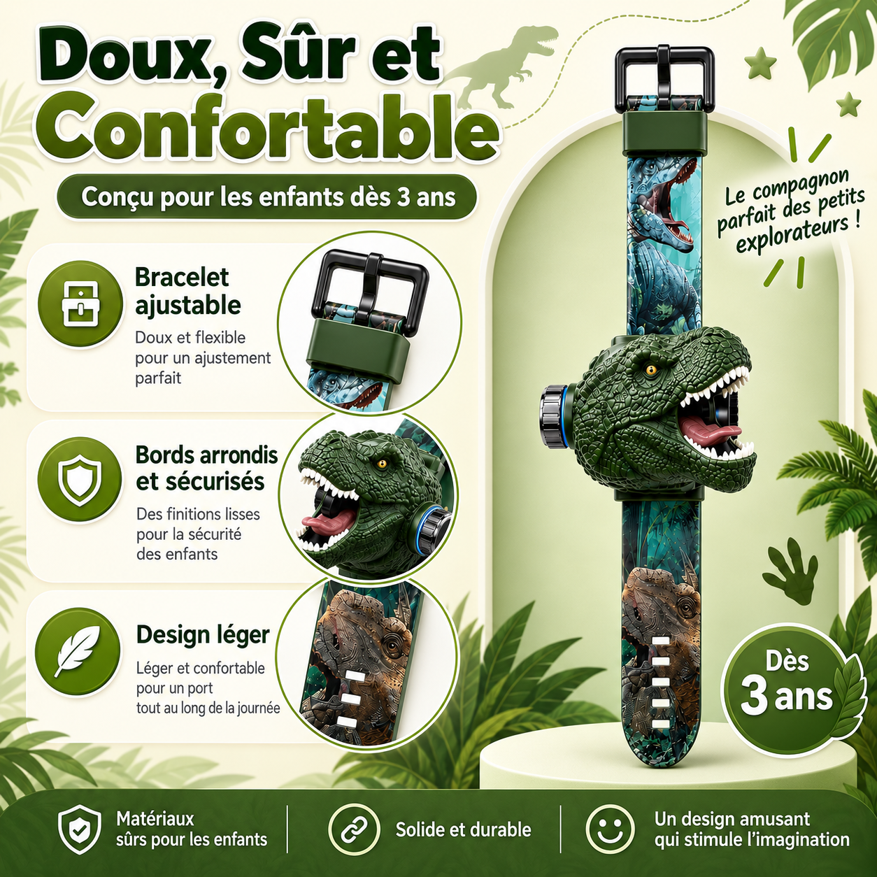 𝐁i𝐥𝐥𝐡𝐨𝐥® Montre à Projection Dinosaure 3D 🦖⚷ Design T-Rex Réaliste, Bracelet Souple et Sûr pour Enfants dès 3 Ans